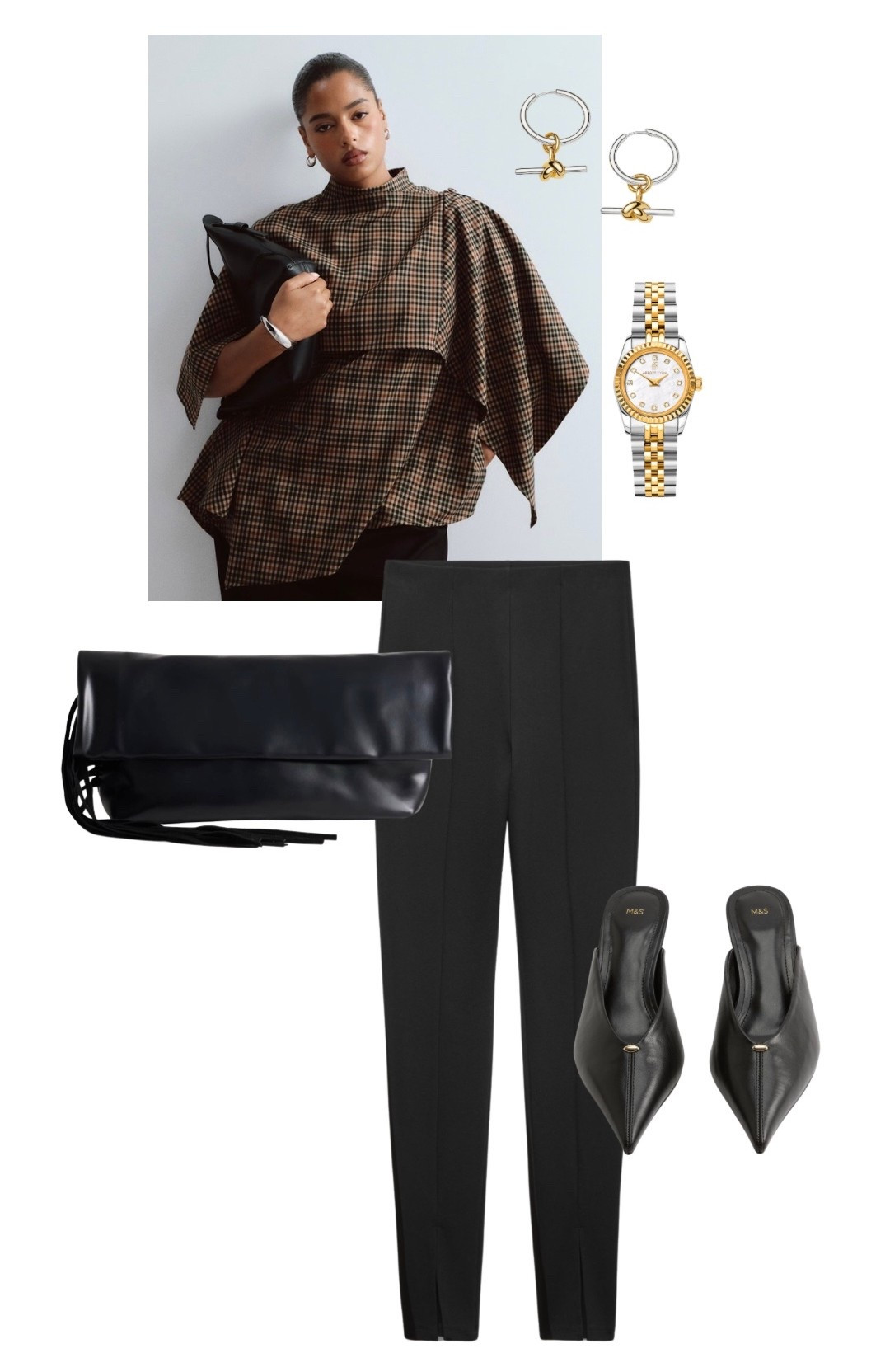 Plus size event outfit inspiration 
Check caped top styled with split hem leggings, pointed mules, oversized fringe clutch and mixed metal jewellery

#LTKuk #LTKautumn #LTKplussize