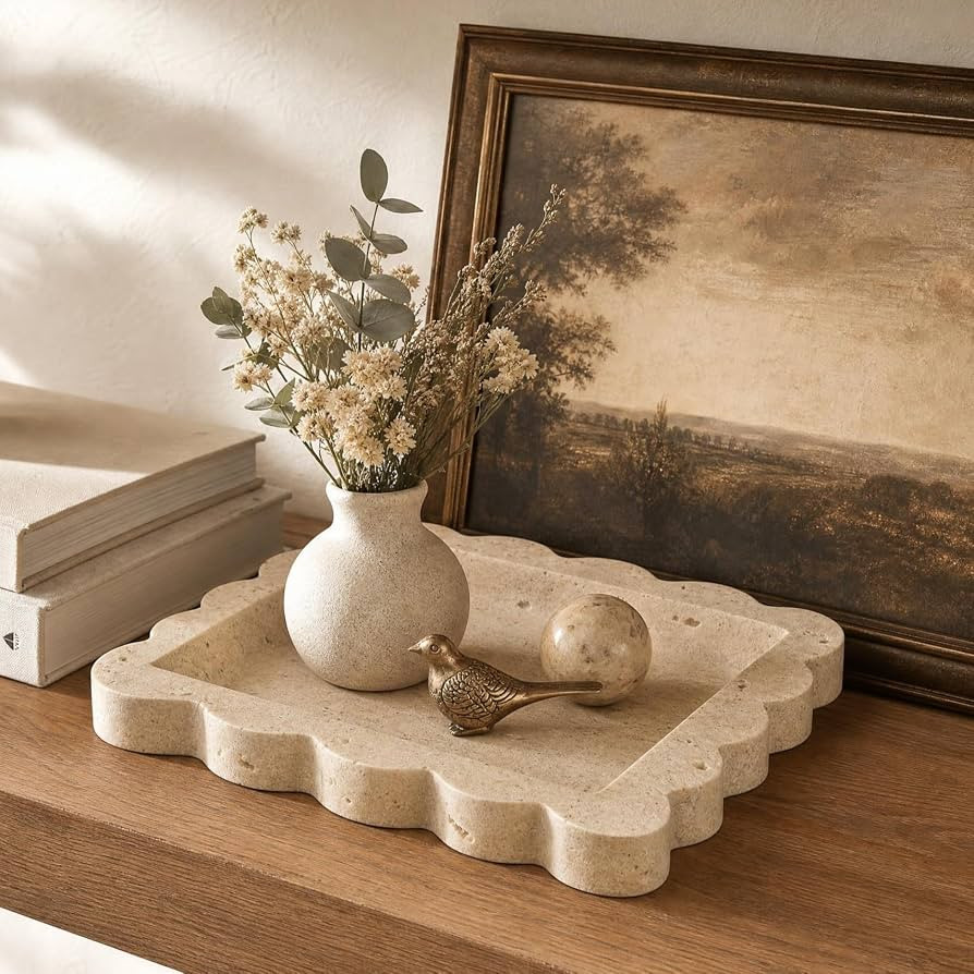 Decorative Scalloped Tray - Beautiful Travertine Stone Inspired 8"x8" Vanity Tray for Jewelry, Pe... | Amazon (US)