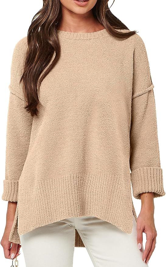 ANRABESS Women's Crewneck Oversized Sweaters Fuzzy Knit Chunky Warm Side Slit Pullover Sweater To... | Amazon (US)