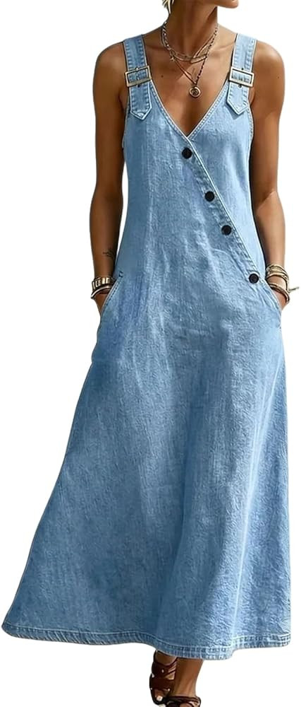 yoeasy Women's V Neck Sleeveless Denim Overall Dress Adjustable Strap Vintage Button Down A-Line ... | Amazon (US)