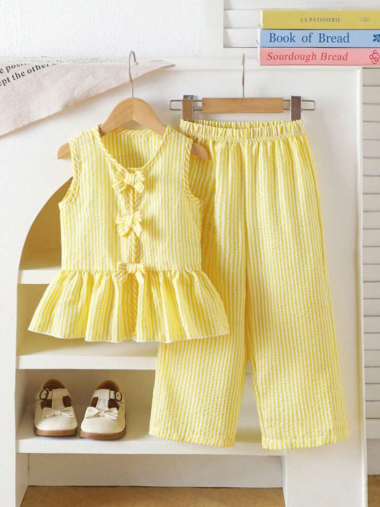 Elladie Kids 2pcs/Set Young Girl Striped Sleeveless Top With Bow Decor Ruffle Hem And Long Pants | SHEIN