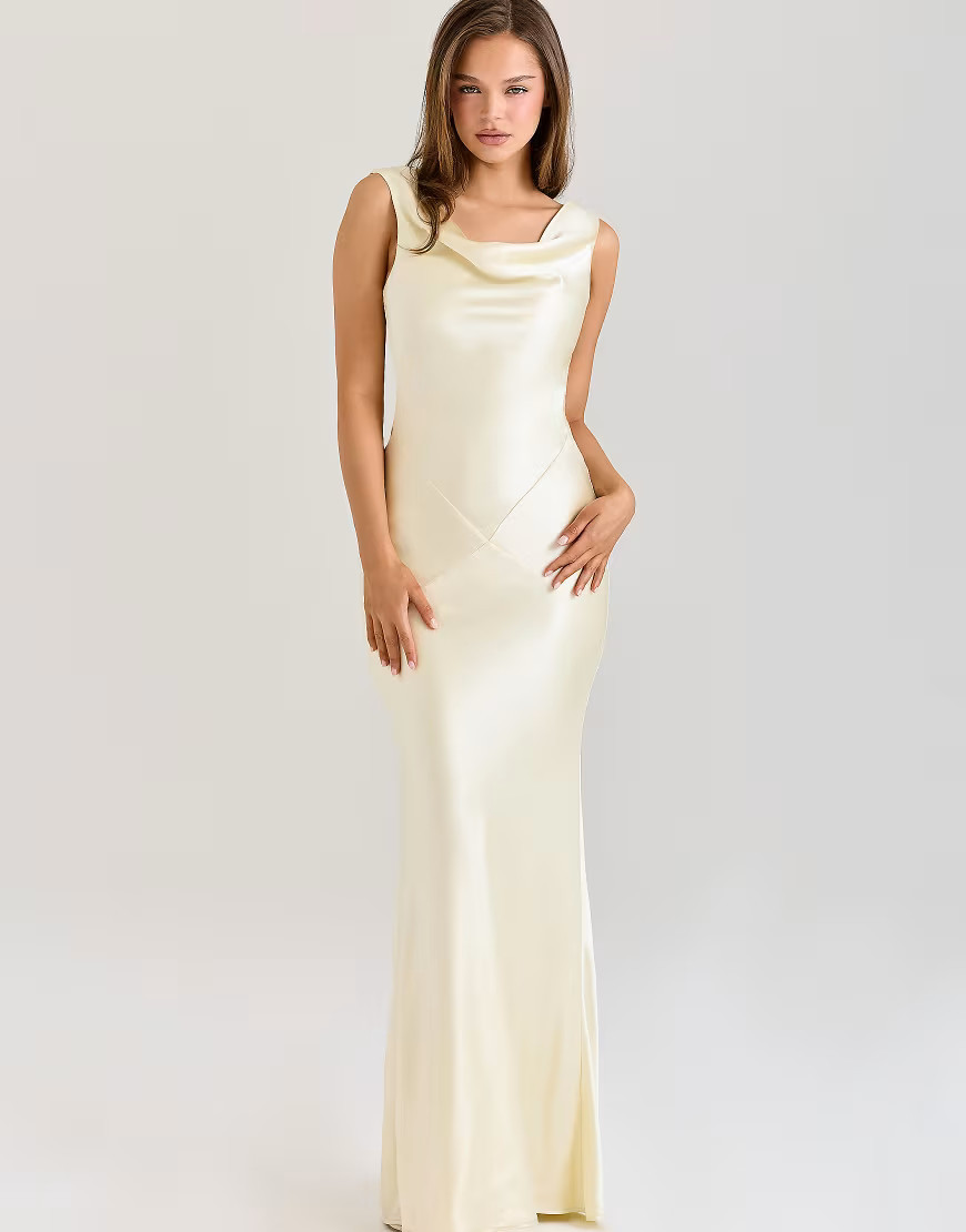 House of CB Safaira lemon satin draped cowl neck maxi dress in lemon-Yellow | ASOS (Global)