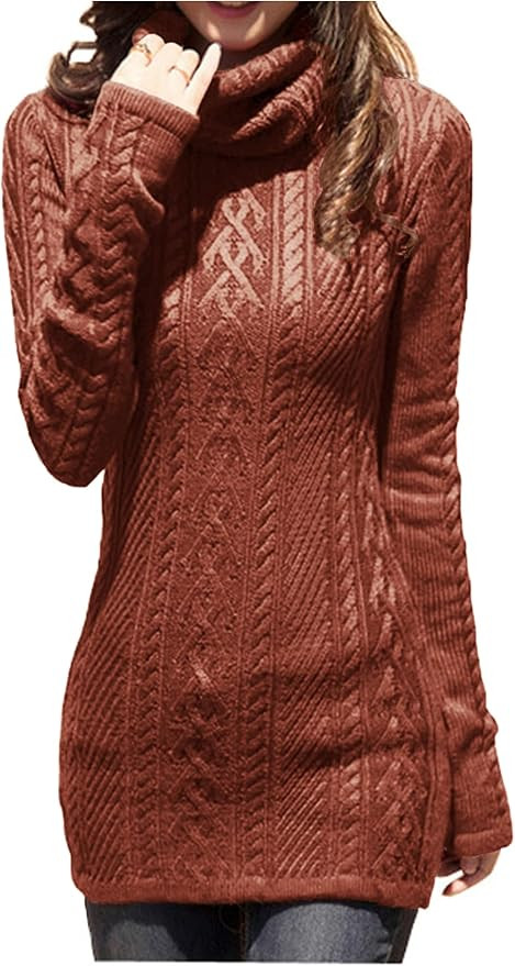 v28 Women Polo Neck Long Slim Fitted Dress Bodycon Turtleneck Cable Knit Sweater | Amazon (US)