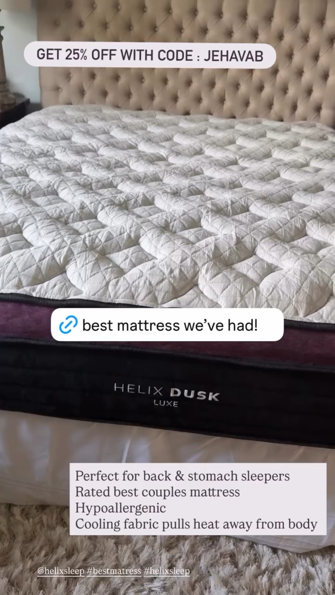 @helixsleep #bestmatress #helixsleep GET 25% OFF WITH CODE : JEHAVAB Perfect for back & stomach sleepers 
Rated best couples mattress 
Hypoallergenic 
Cooling fabric pulls heat away from body





#LTKHome #LTKOver40 #LTKSaleAlert