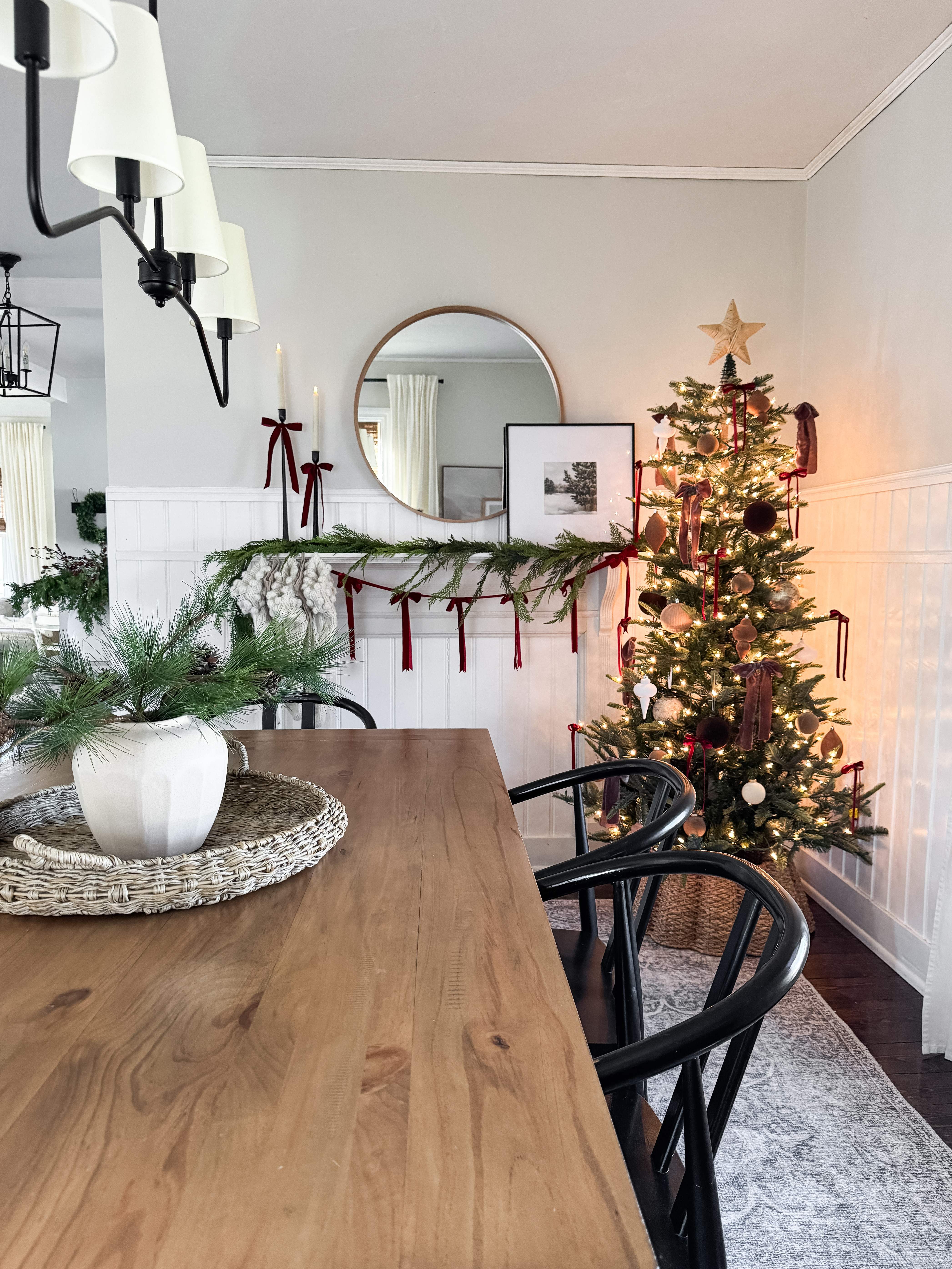 Cozy Christmas touches in the dining room—velvet ribbons, fresh greens, and warm twinkle lights make this space feel extra magical. ✨🎄 Christmas dining room, holiday decor, dining room Christmas tree, neutral Christmas decor, classic Christmas style, velvet ribbon holiday decor, festive dining room styling, Christmas home inspiration 

 

#LTKHoliday #LTKSeasonal #LTKHome