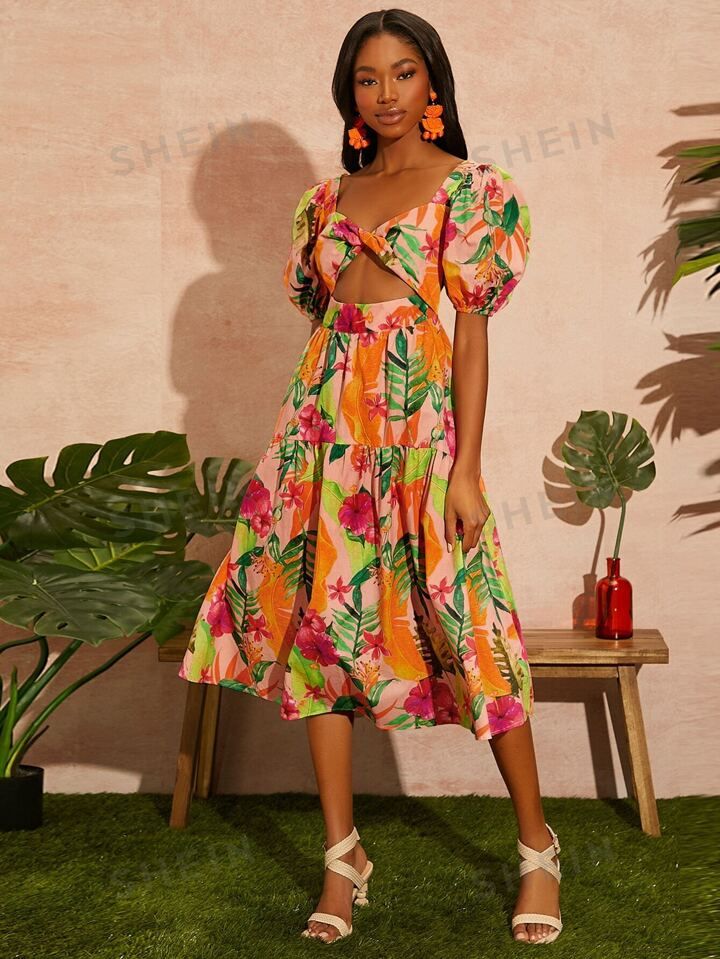 SHEIN VCAY Tropical Print Twist Front Cutout Dress | SHEIN