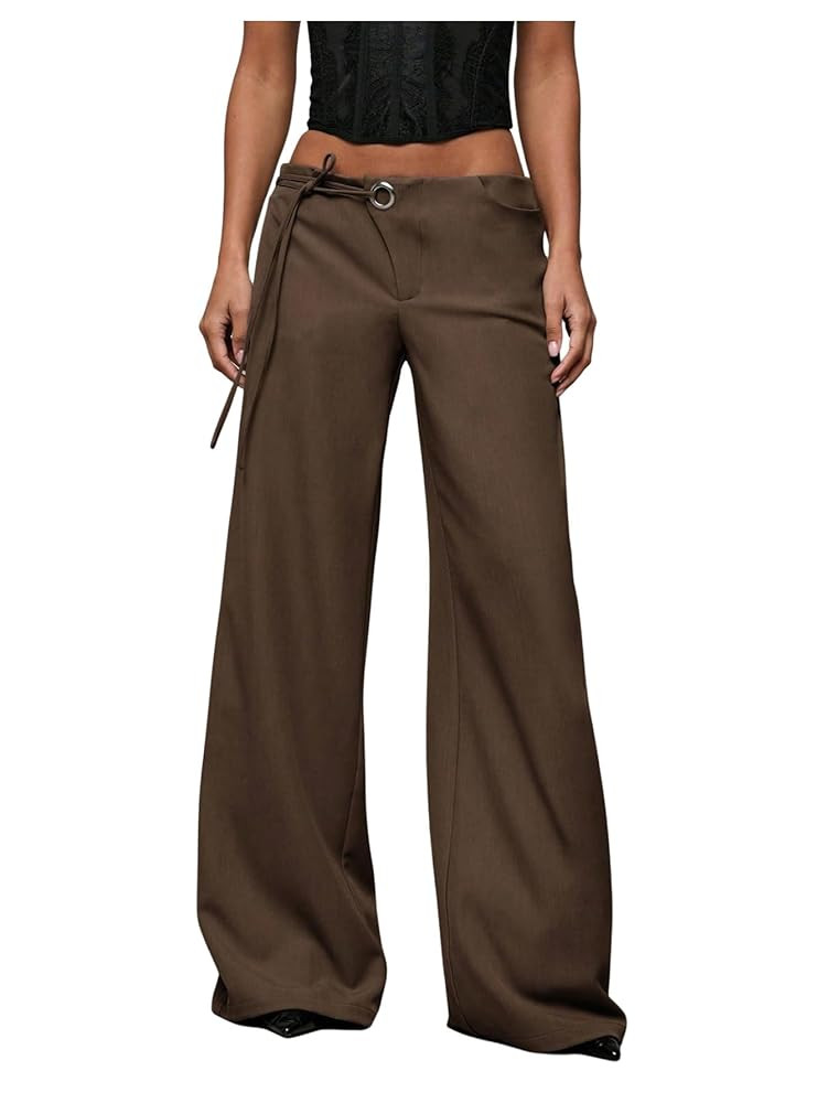 GORGLITTER Women's Low Rise Waisted Dress Pants Wide Leg Straight Trousers Work Slacks Pants Busi... | Amazon (US)