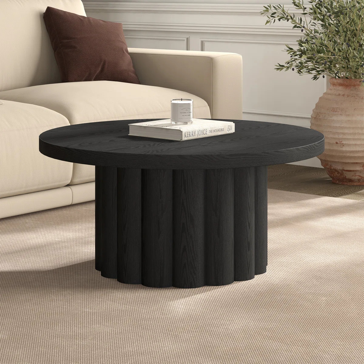 Olie 32" Wide Round Fluted Coffee Table in Black Grain | Wayfair North America