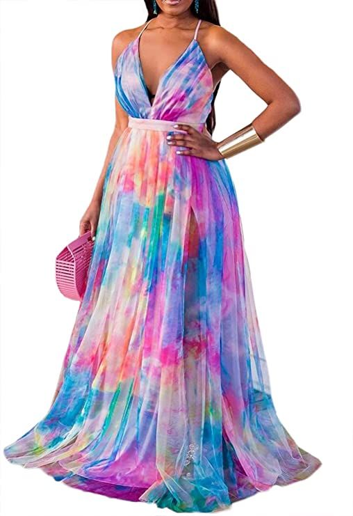 CHARTOU Women's Sexy Plunge V-Neck Spaghetti Straps Multicolor Tulle Swing Maxi Dress | Amazon (US)