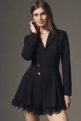 By Anthropologie Long-Sleeve Tuxedo Lace-Hem Romper | Anthropologie (US)