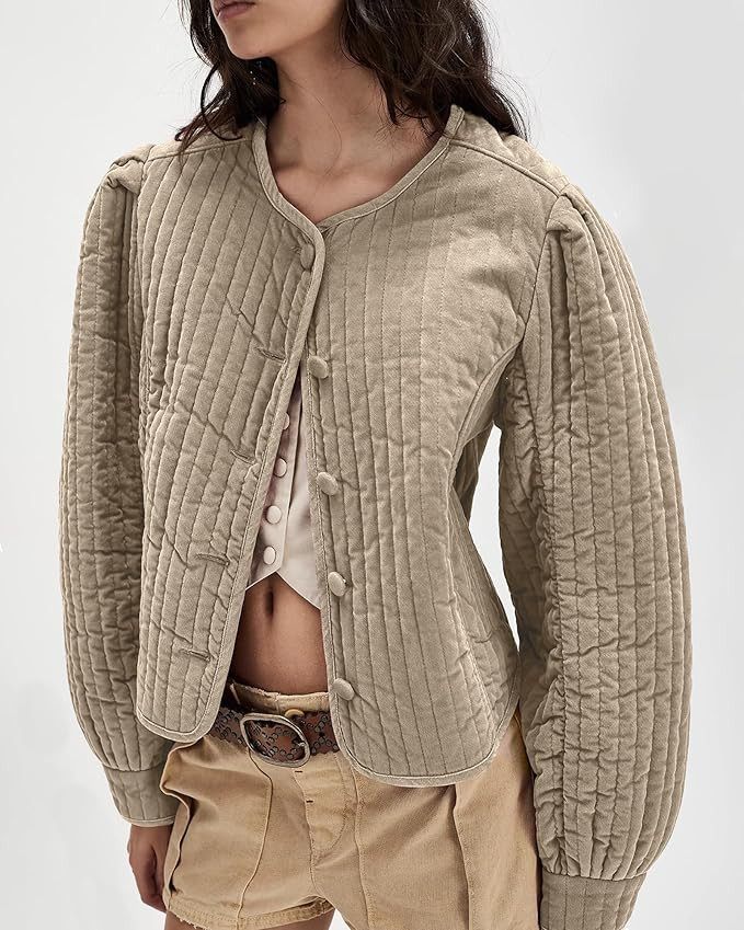 Locachy Women's Vintage Crew Neck Quilted Puffer Jacket Button Down Padded Cropped Fall Winter Ou... | Amazon (US)