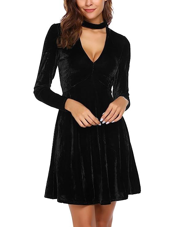 ThinIce Women's Chocker V-Neck Velvet Elegant Long Sleeve Dress | Amazon (US)
