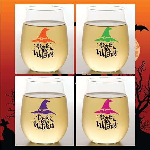 Wine-Oh Set of 4 HOLIDAY DESIGN Shatterproof 16 oz Plastic Stemless Wine Glasses (DRINK UP WITCHES) | Amazon (US)