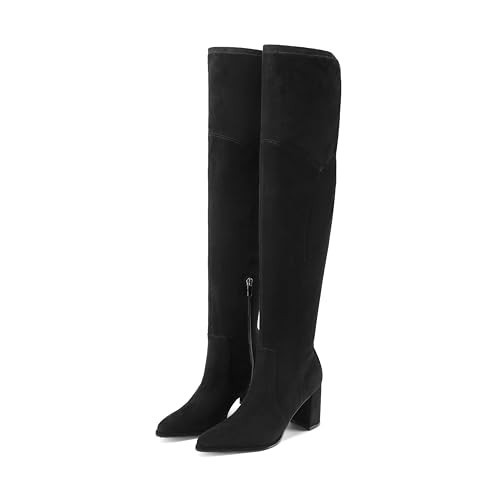 Adrizzlein Over the Knee Boots for Women Suede Black Thigh High Boots Chunky Block Heel Pointed Toe Stretch Wide Calf Long Slouch Fall Winter Dress Boots Black Size 7.5 | Amazon (US)