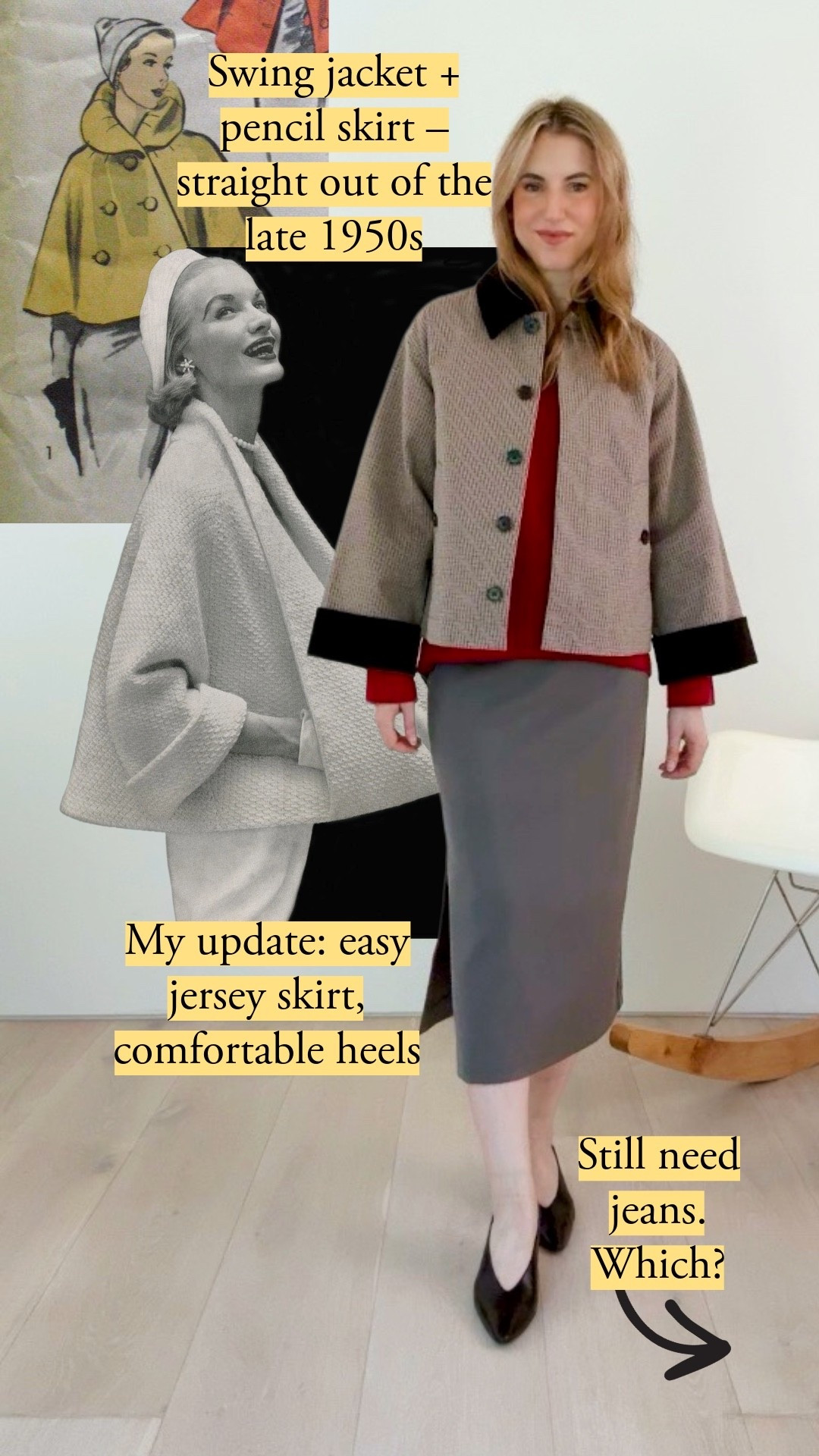 The swing cut calls for a 1950s throwback. To keep it easy and not cosume-y, I'm going with a stretchy skirt. It feels as comfortable as sweats but gives that long line.

#LTKootd #LTKSeasonal