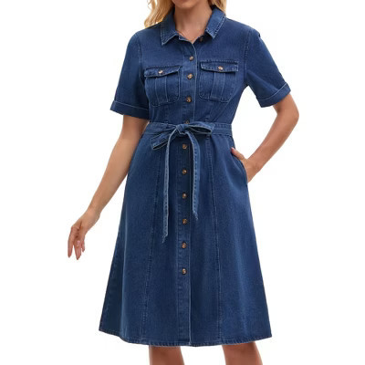 INSPIRE CHIC Women's Denim Button Down Short Sleeve Belted Casual Jean Shirt Dresses X-Large Dark Blue | Target