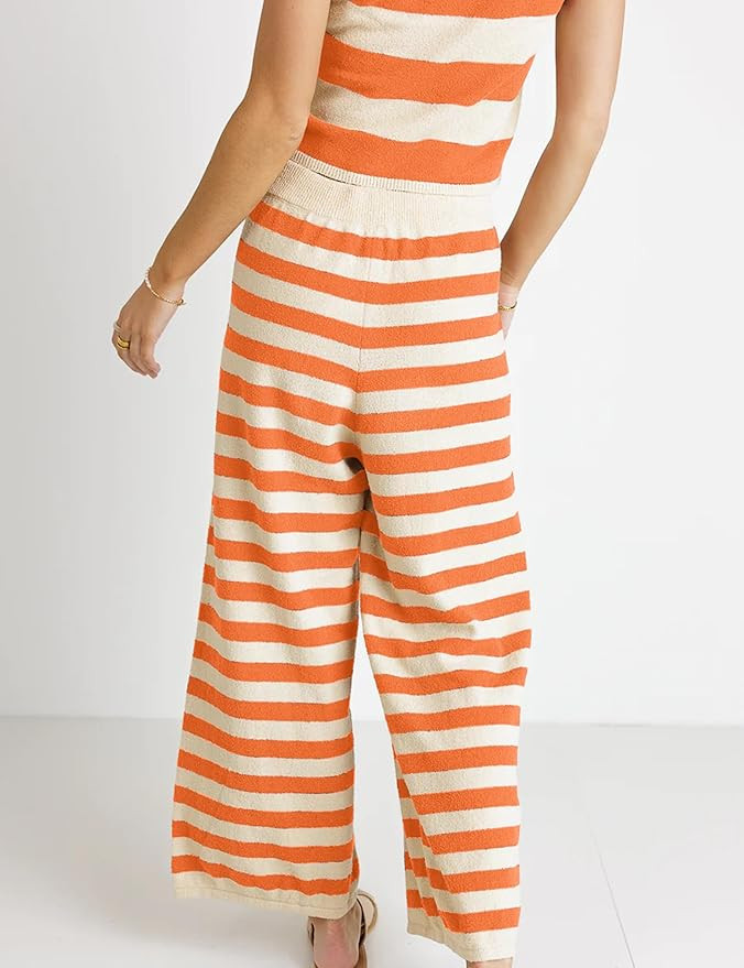 MISSACTIVER Women's Striped Two Piece Sweater Outfits Short Sleeve Pullover Tops and High Waisted... | Amazon (US)