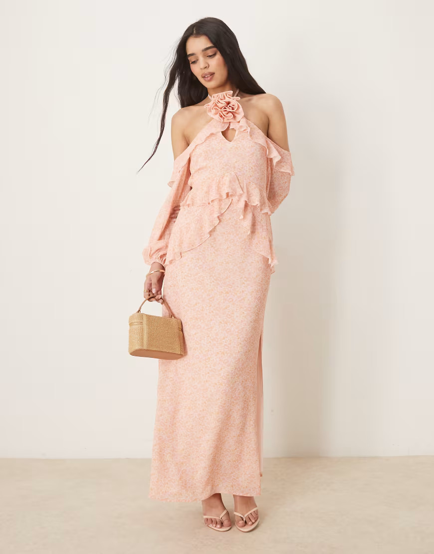 Pretty Lavish chiffon corsage ruffle maxi dress in pink ditsy floral-Multi | ASOS (Global)
