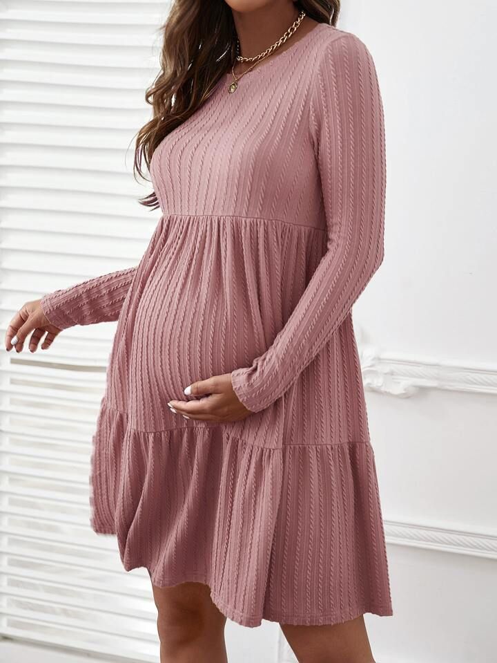 SHEIN Maternity Cable Textured Ruffle Hem Smock Dress | SHEIN