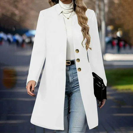Womens Long Coat Warm Button Peacoat Jacket Notched Dressy Trench Coats Fall Winter Outerwear White S | Walmart (US)