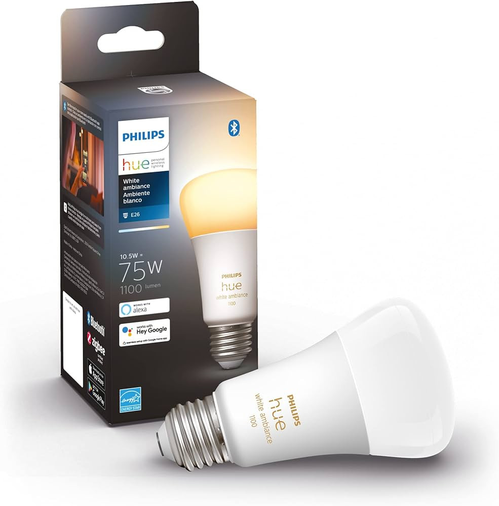 Philips Hue White Ambiance A19 Medium Lumen Smart Bulb, 1100 Lumens, Bluetooth & Zigbee Compatibl... | Amazon (US)