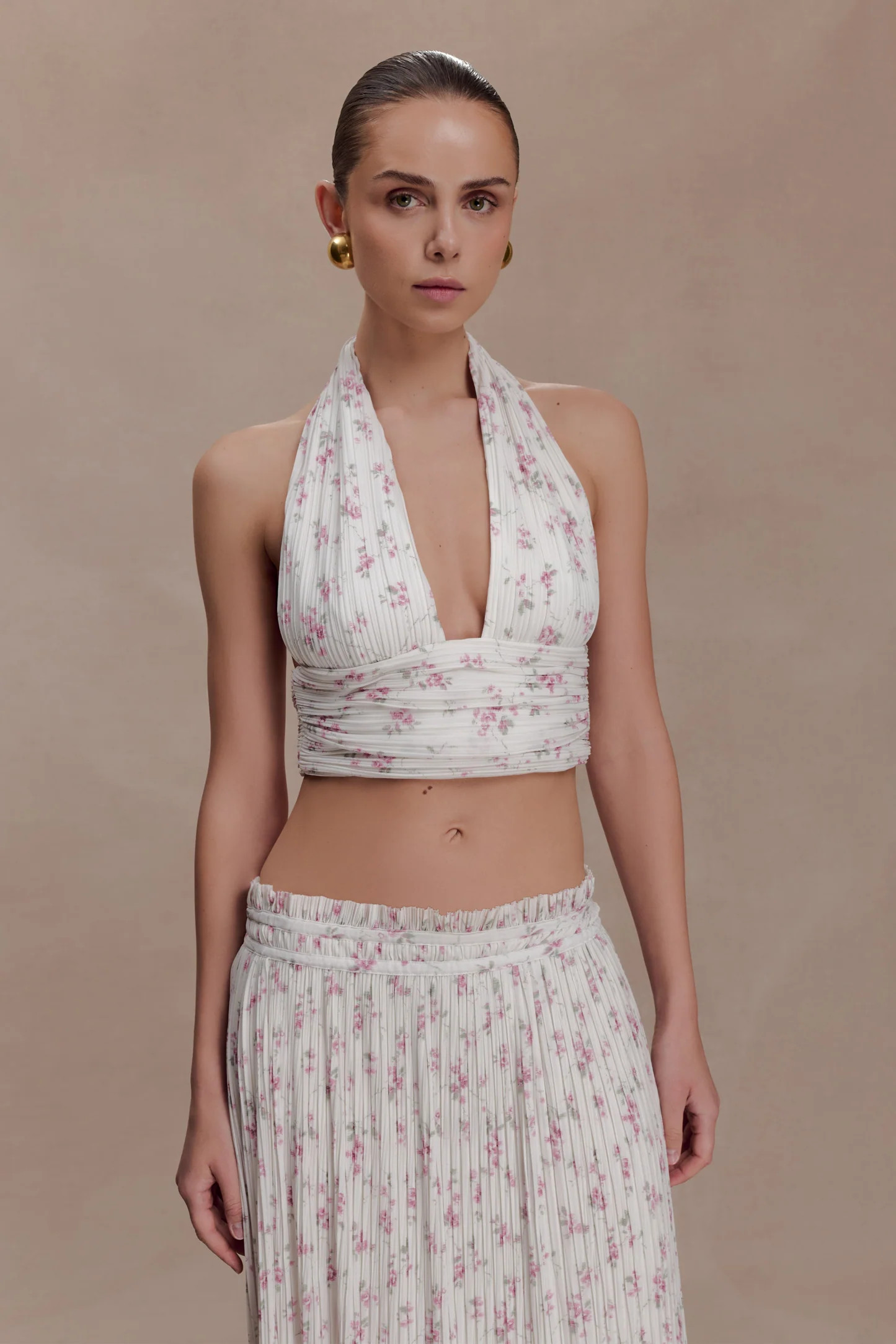Amaris Sleeveless Plisse Halter Top - Floral Ditsy Print | MESHKI US