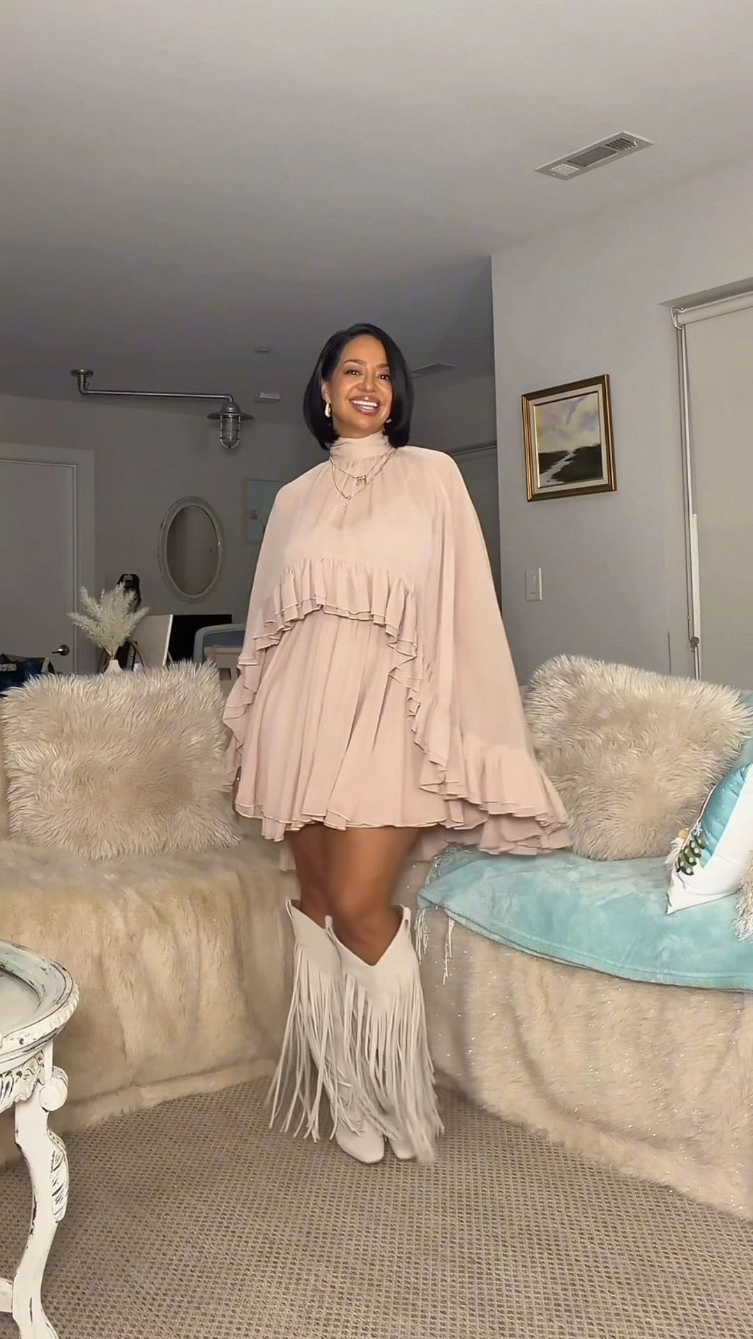 A pink ruffle cape dress x western boots + a new Bruno Mars track? Pure cinema. 💁🏽‍♀️😍✨

fringe 
country concert outfit 
date outfit 
feminine style 
over 40

#LTKootd #LTKOver40 #LTKPetite