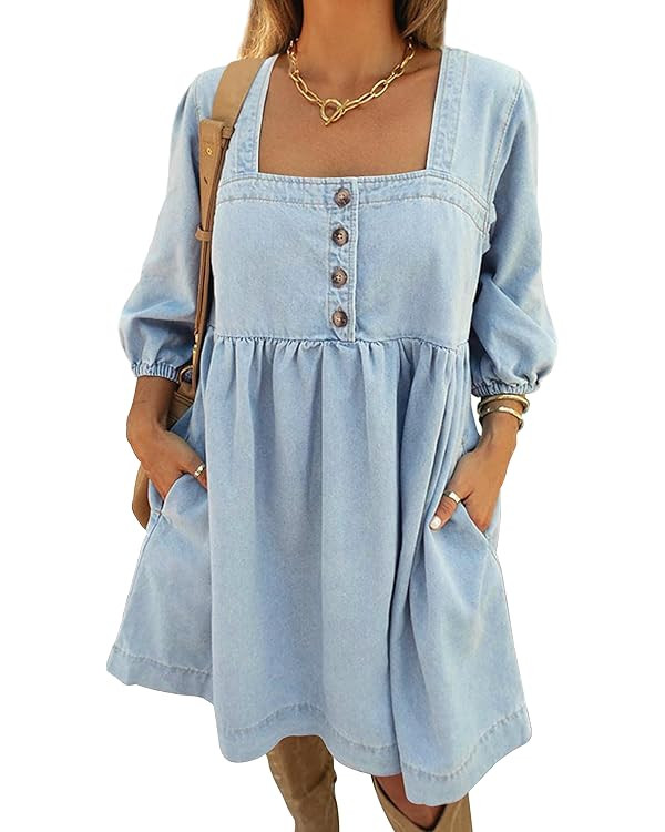 Skirt BL Denim Dress for Women Square Neck Jean Dress 3/4 Sleeve Babydoll Tiered Summer Dresses w... | Amazon (US)