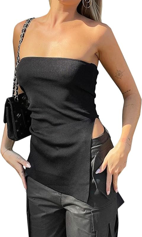 Women's Strapless Knit Bandeau Tube Top Asymmetrical Slit Hem Solid Slim Fitted Y2K Sexy Going Ou... | Amazon (US)