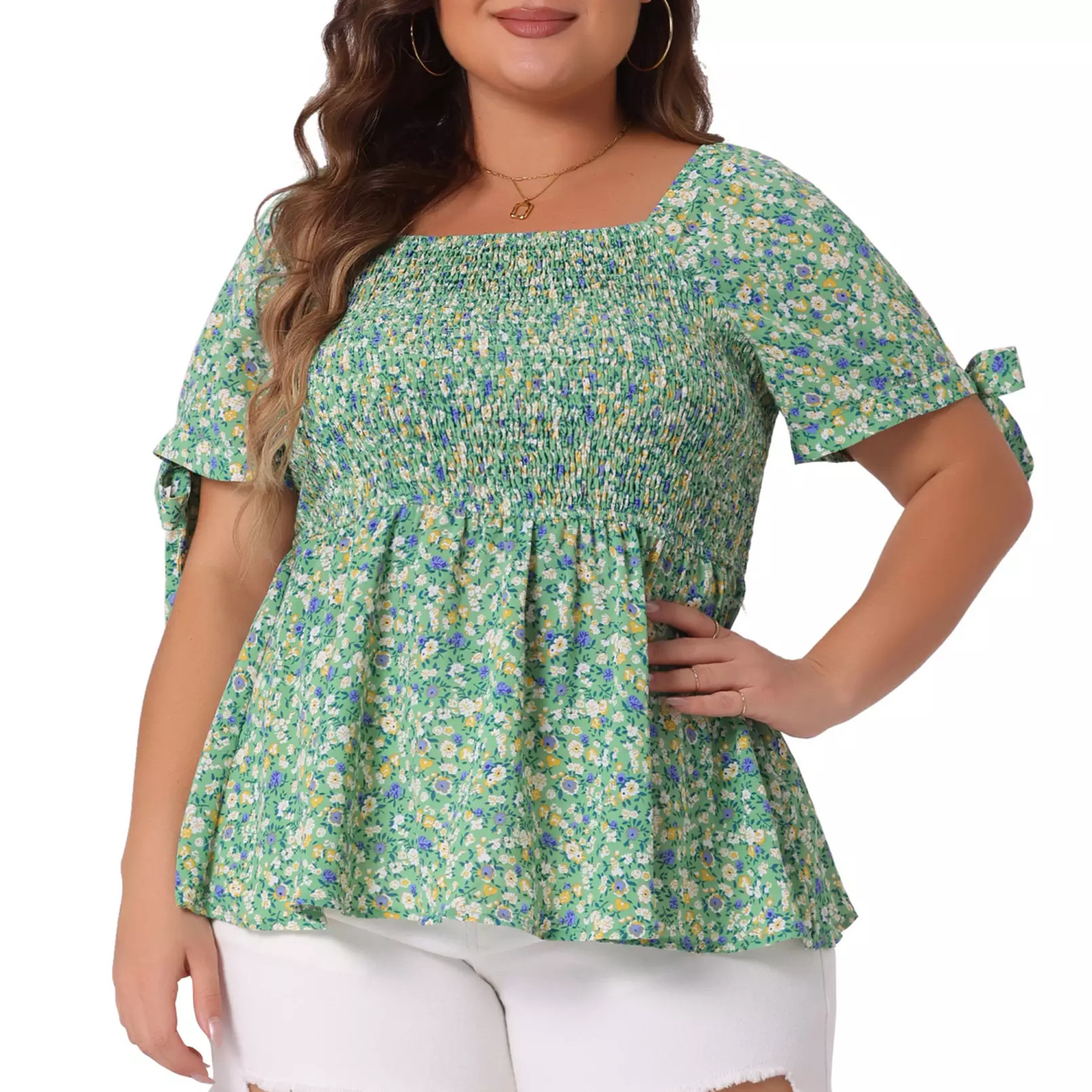 Plus Size Blouses for Women Square Neck Smocked Bow Tie Short Sleeve Summer Peplum Tops | Kohl's