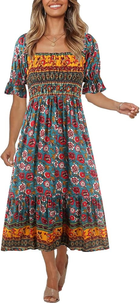 Women's Summer Bohemian Square Neck Floral Print Ruffle Vintage Flowy Beach Vacation Long Midi Bo... | Amazon (US)