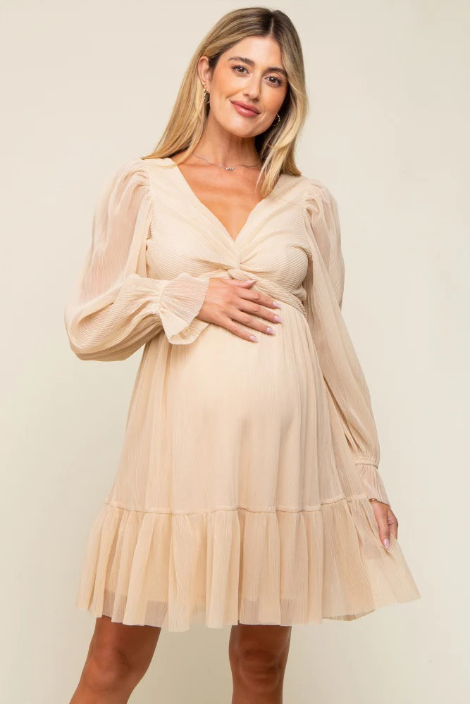 Beige Pleated Knotted Long Sleeve Maternity Dress | PinkBlush Maternity