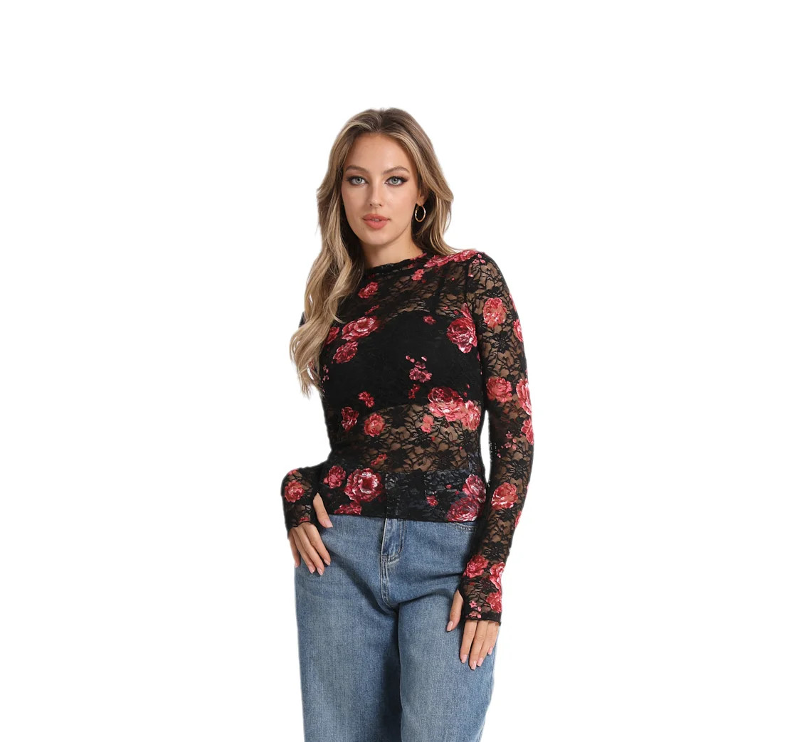 MINTREUS Ladies Long Sleeve Stand Collar Lace Top Sexy Flower Western Perspective Shirt Transpare... | Walmart (US)