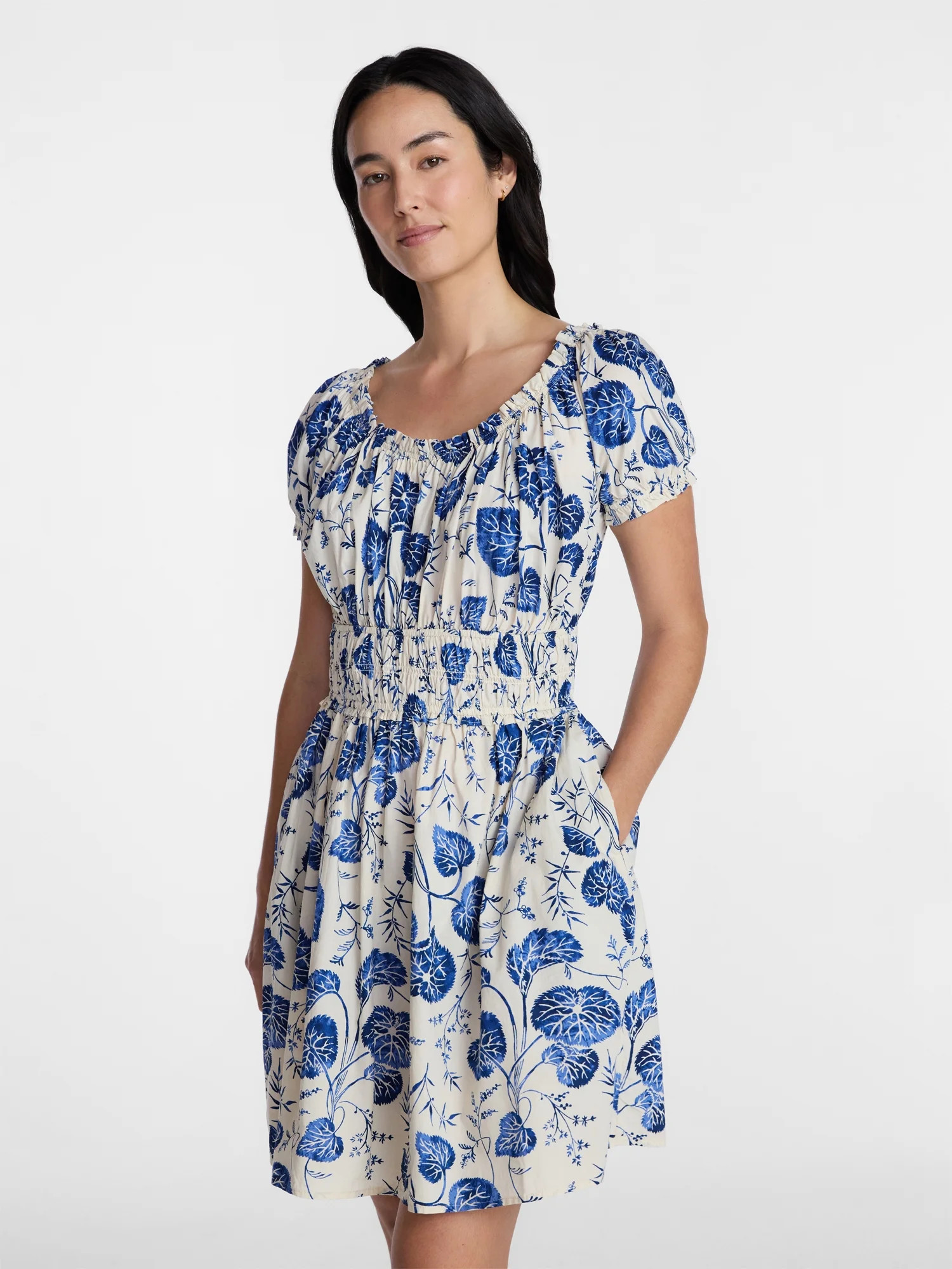 Time and Tru Women's and Women's Plus Cotton Peasant Mini Dress With Puff Sleeves, Sizes XS-4X - ... | Walmart (US)