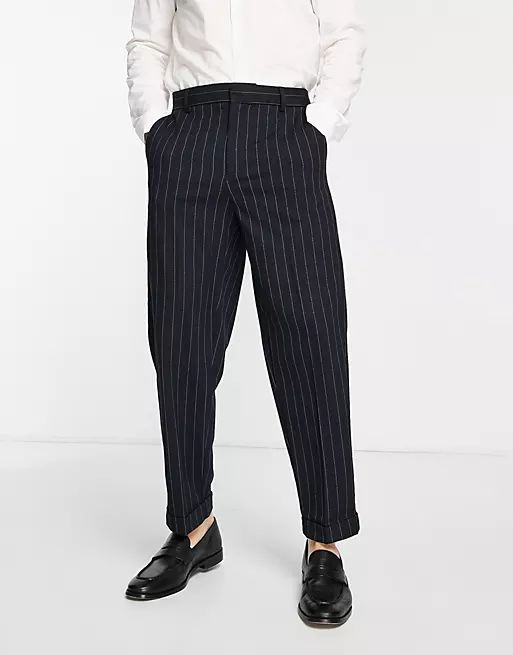 River Island pleated smart pants in navy stripe | ASOS (Global)