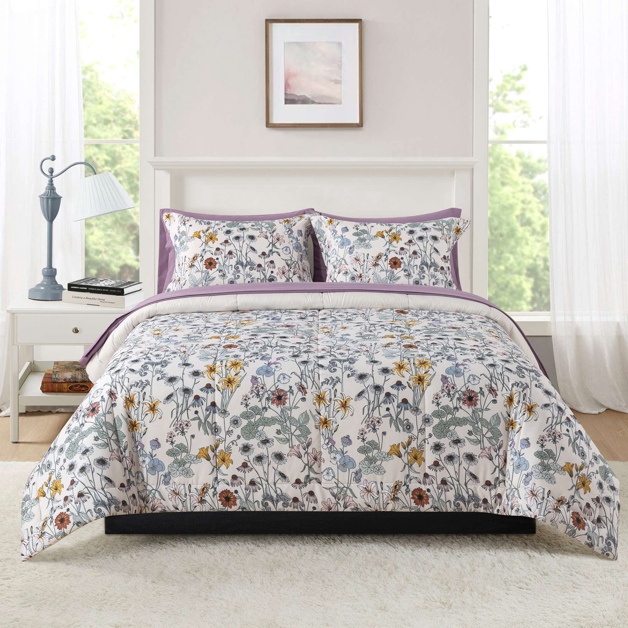 Mainstays All in One Reversible Comforter and Sheet Set, 7-Piece, Queen, White Multi Floral | Walmart (US)
