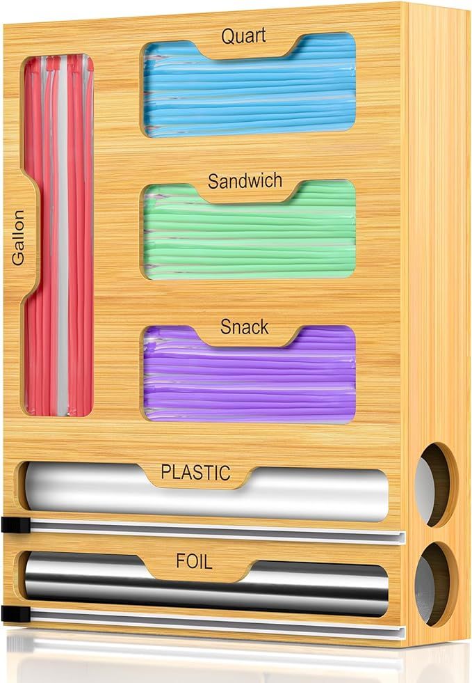 Bag Storage Organizer for Kitchen Drawer, 6 in 1 Foil and Plastic Wrap Dispenser with Cutter, Bam... | Amazon (US)