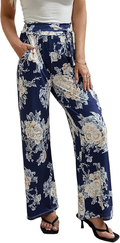 ECOWISH Wide Leg Pants for Women Summer 2026 Palazzo Tropical Floral Casual High Waist Flared Tro... | Amazon (US)