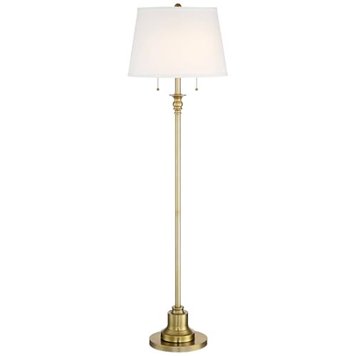 360 Lighting Spenser Traditional Floor Lamp Standing 58" Tall Brushed Antique Brass Gold Metal Thin Column Off-White Linen Fabric Empire Shade for Living Room Reading House Bedroom Home | Amazon (US)