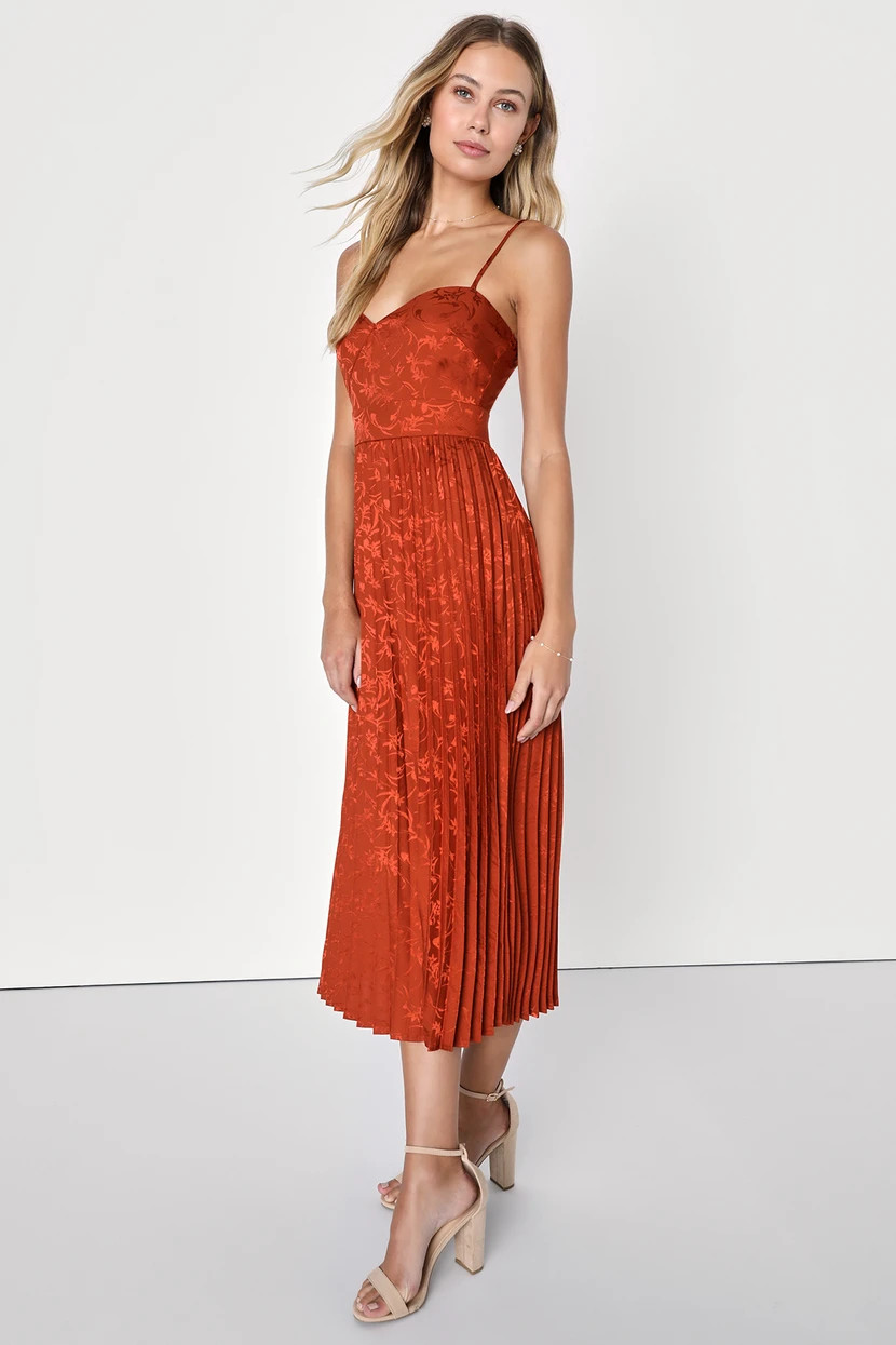 Regal Romance Rust Floral Jacquard Pleated Satin Midi Dress | Lulus