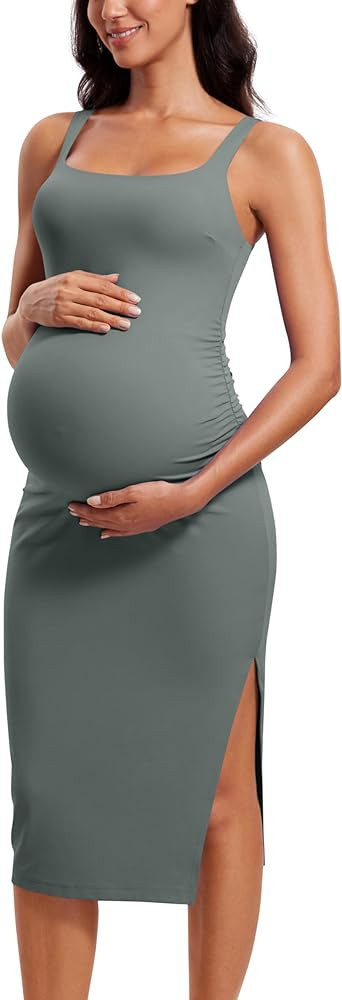 CRZ YOGA Butterluxe Maternity Square Neck Midi Dress - Split Ruched Tanks Womens Pregnancy Bodyco... | Amazon (US)