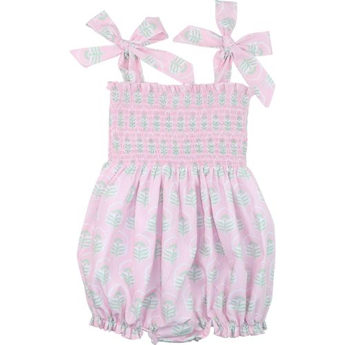 Pink And Green Botanical Smocked Bubble | Cecil and Lou