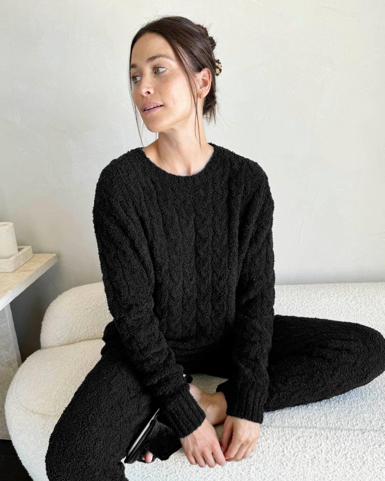 Black Fuzzy Cable Knit Sweater PJ Set | Splendid
