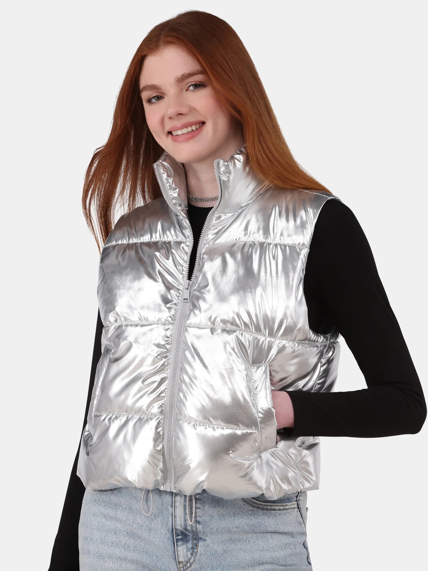No Boundaries Metallic Puffer Vest, Women's and Women’s Plus | Walmart (US)