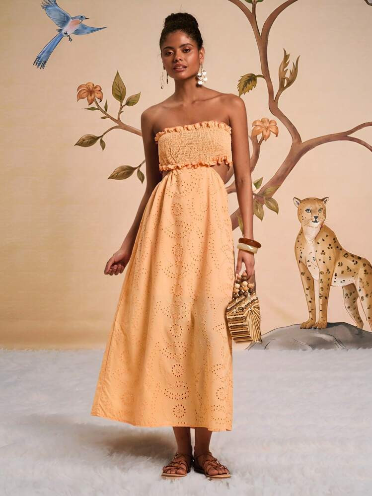 Travachic Women's Vacation Solid Color Waist Cutout Tube Top Dress,Vacation Outfits Woman,Sundresses For Vacation,Beach Vacation Outfits,Tropical Vacation Woman Clothes,Summer Outfits For Women,Sundress,Orange Dress In Women | SHEIN