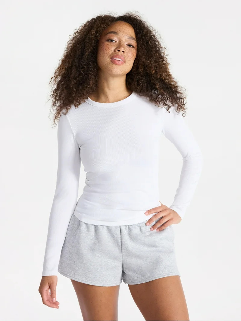 No Boundaries Ribbed Crewneck Tee with Long Sleeves, 1 or 2-Pack, Women's & Women's Plus - Walmar... | Walmart (US)
