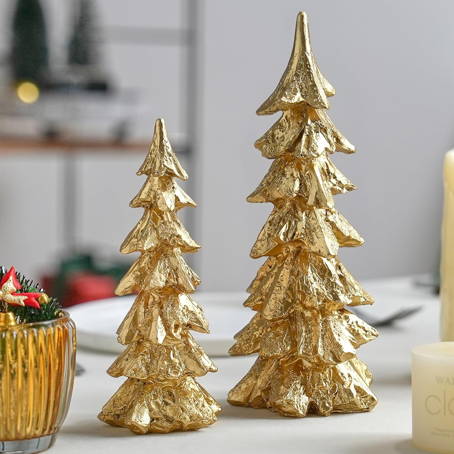 2Pcs Gold Christmas Tree Figurines, Resin Christmas Trees with Weathered Finish, Small Decorative... | Amazon (US)