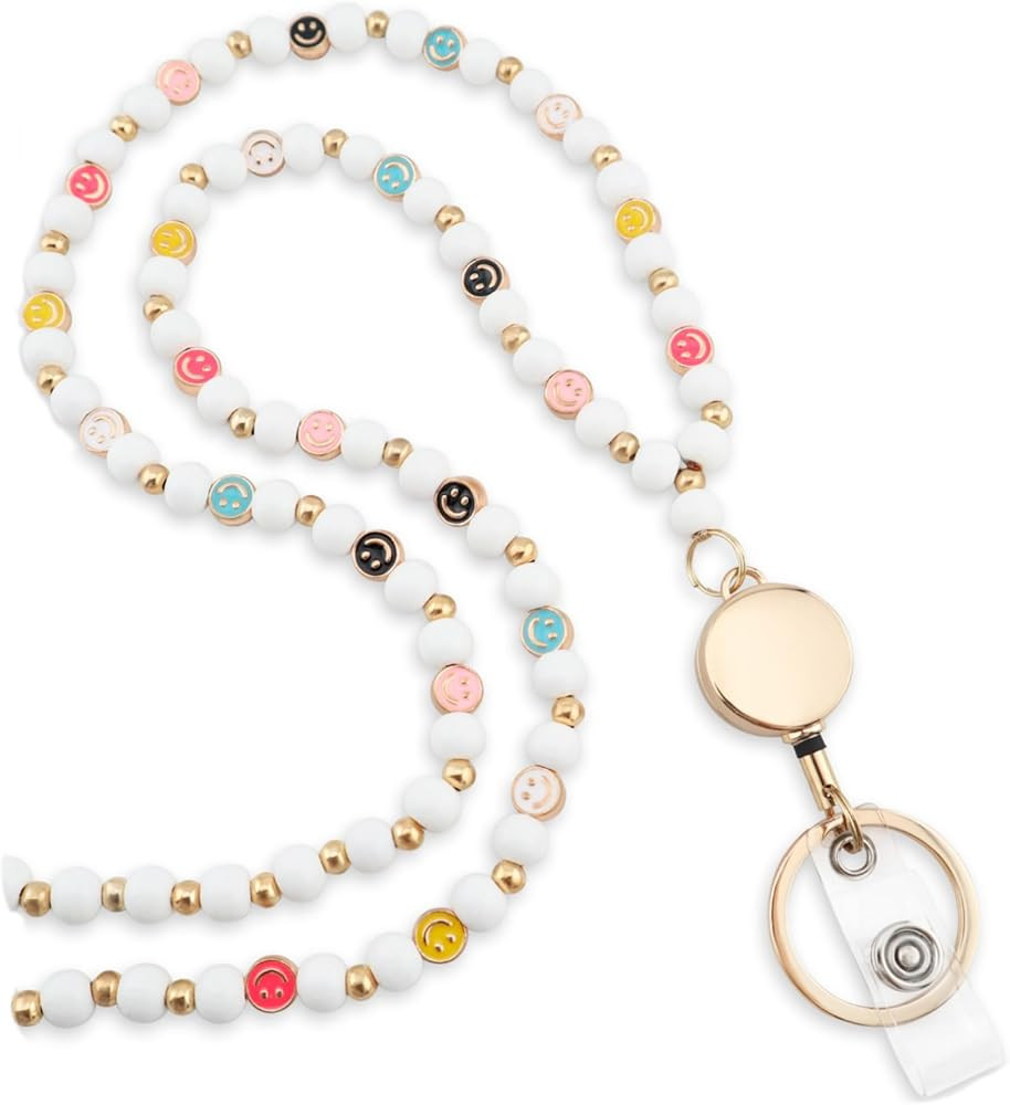Smile Teacher Lanyard for Women with Retractable ID Badge Reel and Keychain Cute Happy Beads Lany... | Amazon (US)