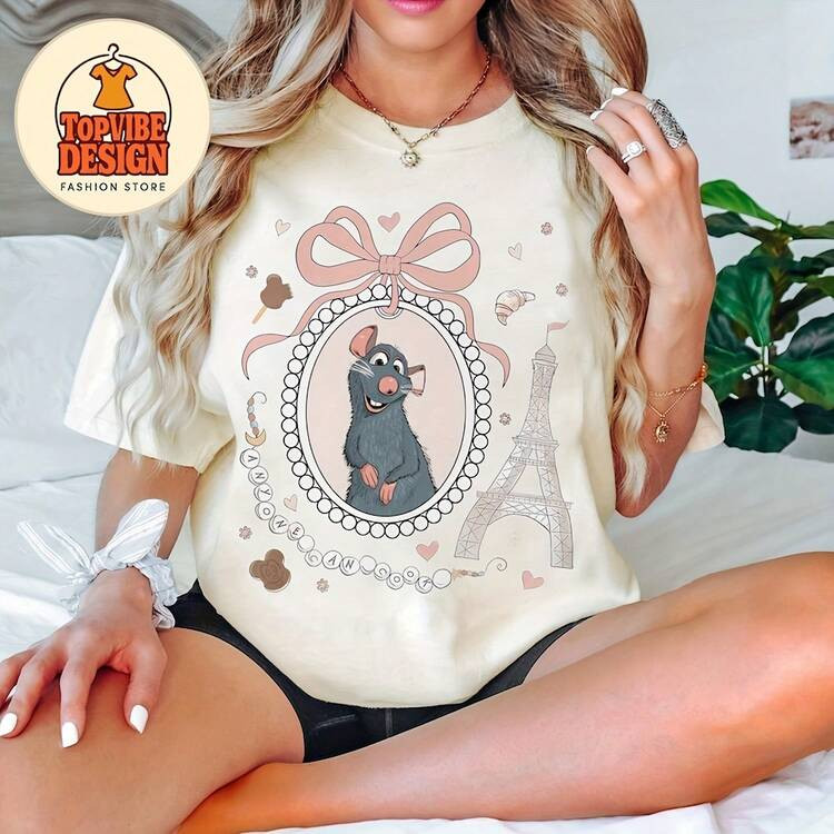 Noeud Coquette Ratatouille Little Chef Chemise Y, Linguini Colette Tatou Y Rat Paris France Gusteau, Tout Le Monde Peut Cuisiner Y Girly220g Heavy-Duty Pure Cotton Disney T-Shirt, Fashionable And Comfortable Wo's Cotton T-Shirt, Suitable For Weekends, Travel, Shopping, Outdoor Activities Or Leisure, High-Quality Durable Fabric Suitable For All Seasons, Fashionable Top, | SHEIN