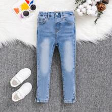 Young Girl Denim Jeans With Side Seam Slit And Elastic Waistband Casual Loose Fit Pants | SHEIN